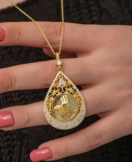 Gümüş Gold Kaplama Damla Tuğralı Kadın Kolye