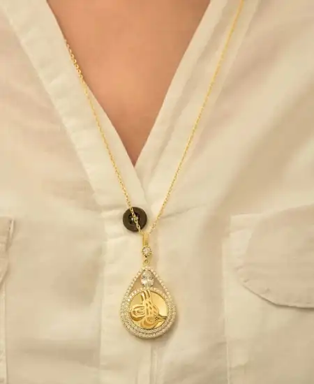 Gümüş Gold Kaplama Damla Tuğralı Kadın Kolye