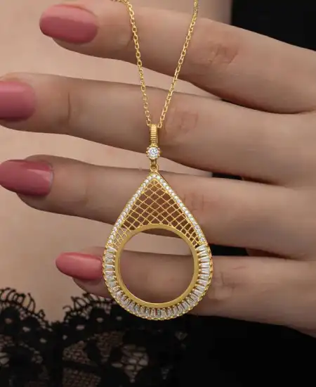 Gümüş Gold Kaplama Damla Yarım Altın Takılabilen Kadın Kolye