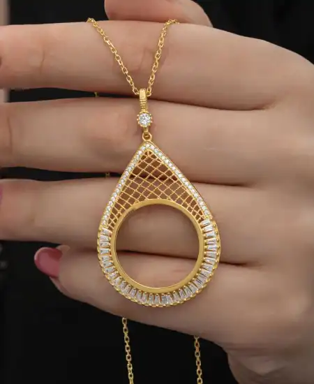 Gümüş Gold Kaplama Damla Yarım Altın Takılabilen Kadın Kolye