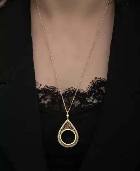 Gümüş Gold Kaplama Damla Yarım Altın Takılabilen Kadın Kolye