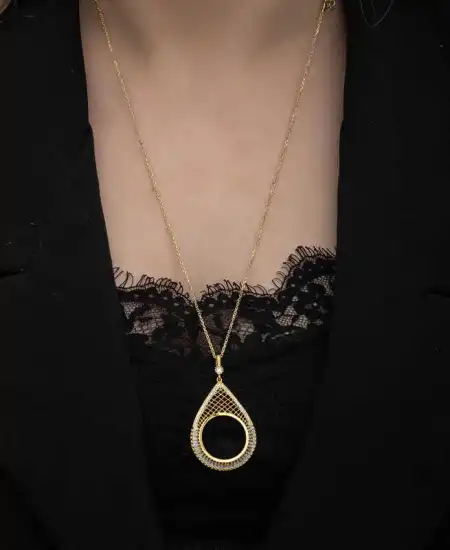 Gümüş Gold Kaplama Damla Yarım Altın Takılabilen Kadın Kolye