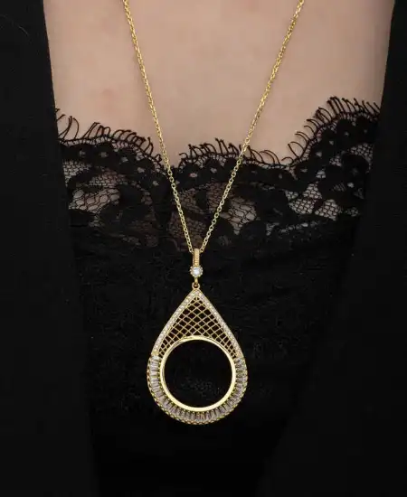 Gümüş Gold Kaplama Damla Yarım Altın Takılabilen Kadın Kolye