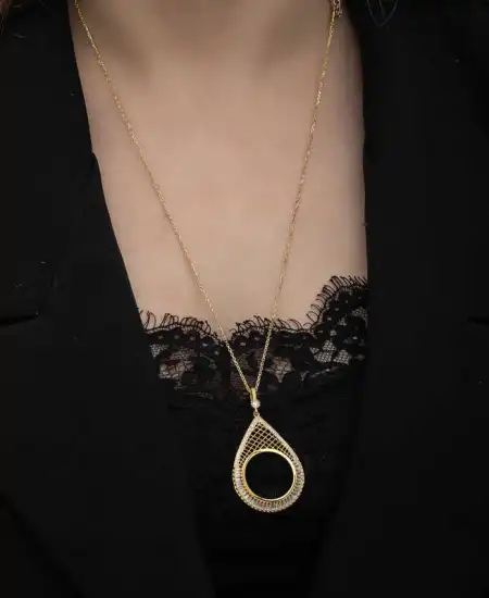 Gümüş Gold Kaplama Damla Yarım Altın Takılabilen Kadın Kolye