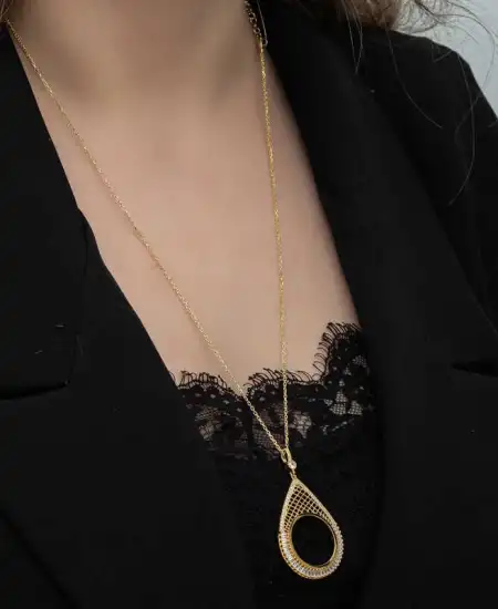 Gümüş Gold Kaplama Damla Yarım Altın Takılabilen Kadın Kolye