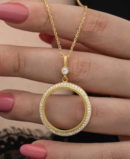 Gümüş Gold Kaplama Yuvarlak Yarım Altın Takılabilen Kadın Kolye