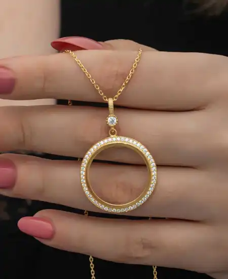 Gümüş Gold Kaplama Yuvarlak Yarım Altın Takılabilen Kadın Kolye