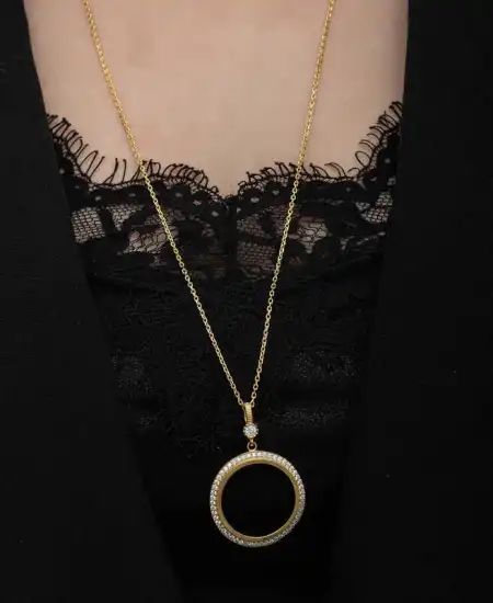 Gümüş Gold Kaplama Yuvarlak Yarım Altın Takılabilen Kadın Kolye