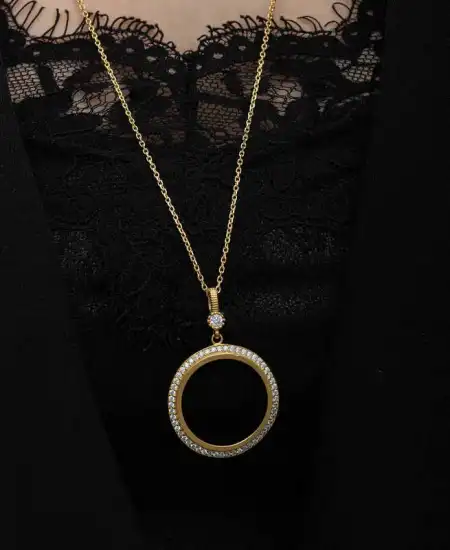 Gümüş Gold Kaplama Yuvarlak Yarım Altın Takılabilen Kadın Kolye