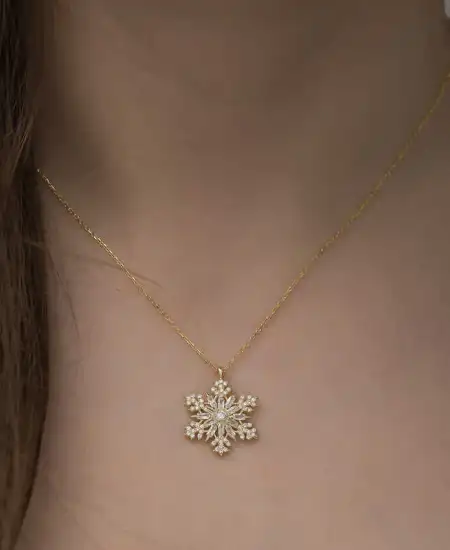 Gümüş Gold Kar Tanesi Kolye