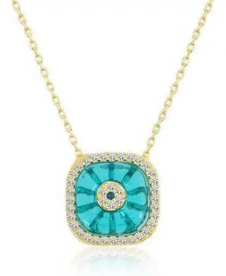 Gümüş Gold Kare Camgöz Nazar Bayan Kolye