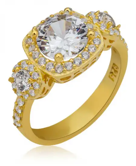 Gümüş Gold Kare Montür Tek Taş Kadın Yüzük