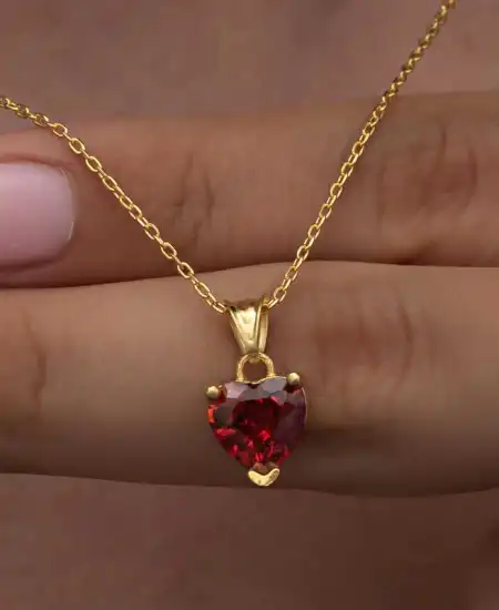 Gümüş Gold Kırmızı Taşlı Kalpli Kadın Kolye