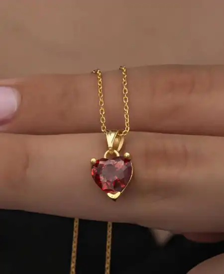 Gümüş Gold Kırmızı Taşlı Kalpli Kadın Kolye