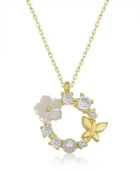 Gümüş Gold Manolya Çiçeği Kelebek Kadın Kolye