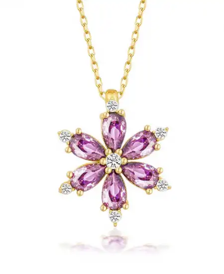 Gümüş Gold Mor Lotus Çiçeği Kadın Kolye