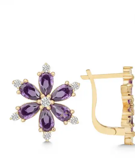 Gümüş Gold Mor Lotus Çiçeği Kadın Küpe