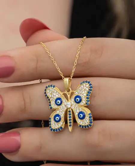 Gümüş Gold Nazarlı Kelebek Kadın Kolye