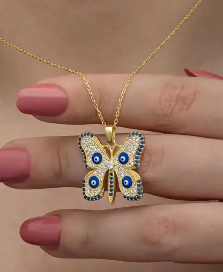Gümüş Gold Nazarlı Kelebek Kadın Kolye