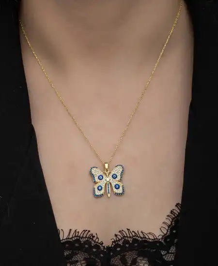 Gümüş Gold Nazarlı Kelebek Kadın Kolye