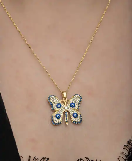 Gümüş Gold Nazarlı Kelebek Kadın Kolye