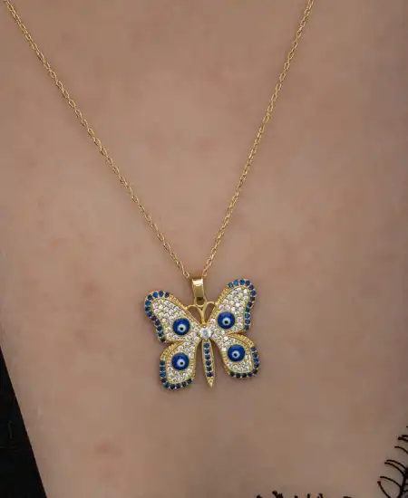 Gümüş Gold Nazarlı Kelebek Kadın Kolye