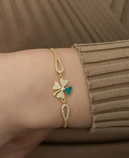 Gümüş Gold Nazarlı Yonca Bileklik