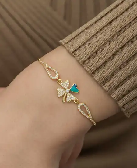 Gümüş Gold Nazarlı Yonca Bileklik