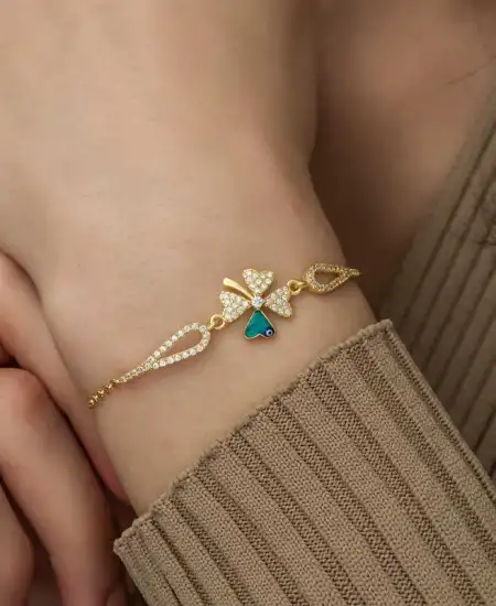 Gümüş Gold Nazarlı Yonca Bileklik