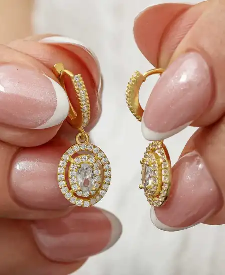 Gümüş Gold Oval Taşlı Sallantılı Küpe