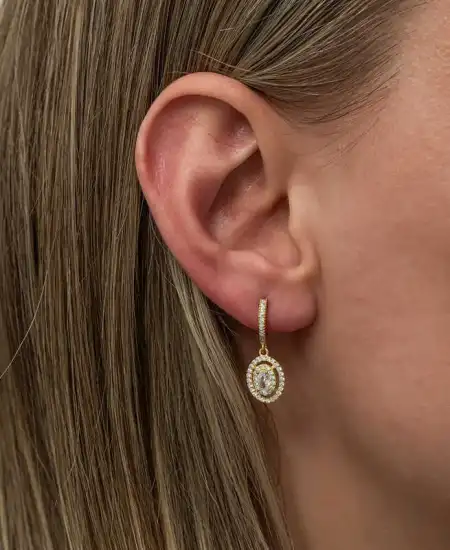 Gümüş Gold Oval Taşlı Sallantılı Küpe