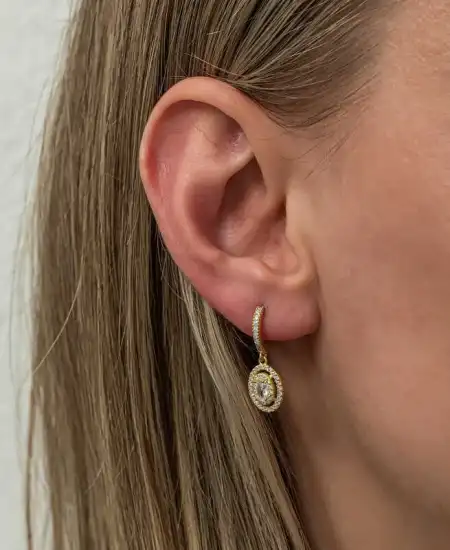 Gümüş Gold Oval Taşlı Sallantılı Küpe