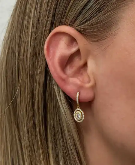 Gümüş Gold Oval Taşlı Sallantılı Küpe