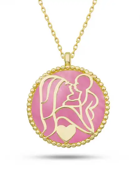 Gümüş Gold Pembe Sedef Taşlı Anne Çocuk Sevgisi Kolye