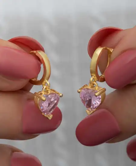 Gümüş Gold Pembe Taşlı Kalpli Kadın Küpe