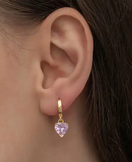 Gümüş Gold Pembe Taşlı Kalpli Kadın Küpe