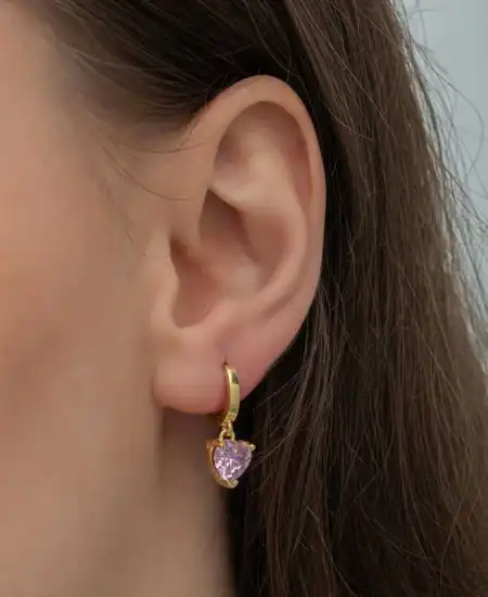 Gümüş Gold Pembe Taşlı Kalpli Kadın Küpe