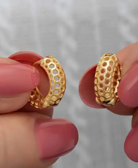 Gümüş Gold Petek Desenli Halka Kadın Küpe