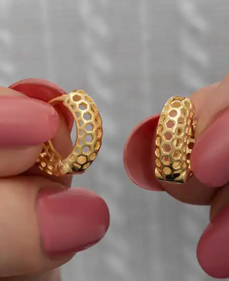 Gümüş Gold Petek Desenli Halka Kadın Küpe