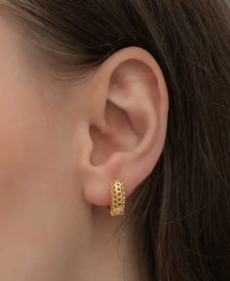 Gümüş Gold Petek Desenli Halka Kadın Küpe