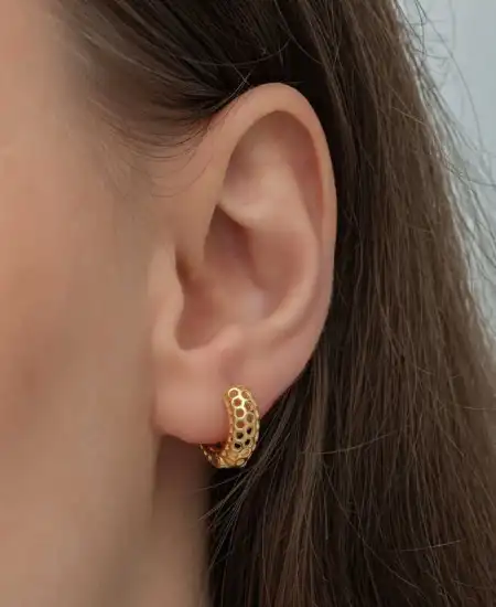 Gümüş Gold Petek Desenli Halka Kadın Küpe