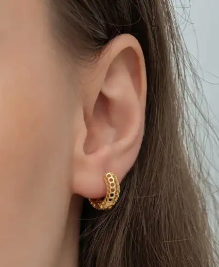 Gümüş Gold Petek Desenli Halka Kadın Küpe