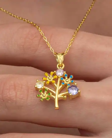 Gümüş Gold Renkli Hayat Ağacı Kadın Kolye