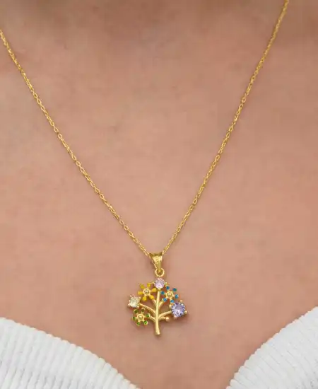Gümüş Gold Renkli Hayat Ağacı Kadın Kolye