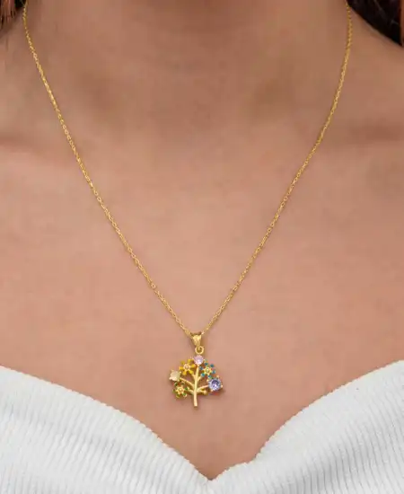 Gümüş Gold Renkli Hayat Ağacı Kadın Kolye