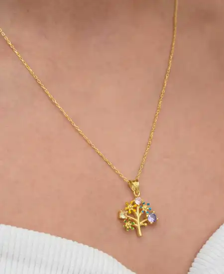 Gümüş Gold Renkli Hayat Ağacı Kadın Kolye