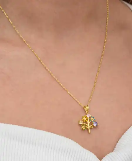 Gümüş Gold Renkli Hayat Ağacı Kadın Kolye