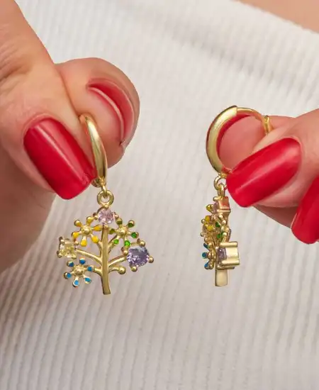 Gümüş Gold Renkli Taşlı Hayat Ağacı Kadın Küpe