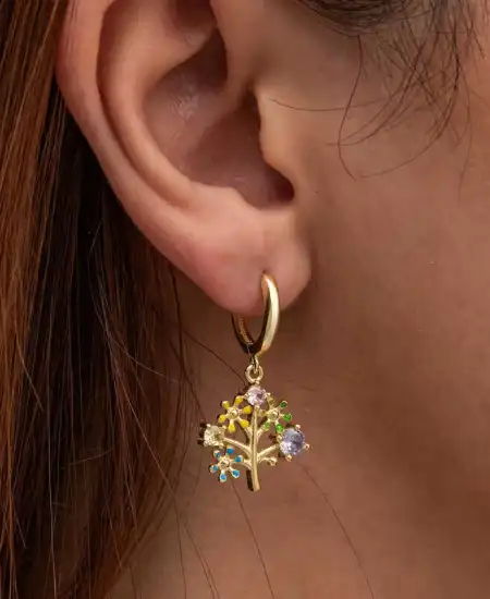 Gümüş Gold Renkli Taşlı Hayat Ağacı Kadın Küpe