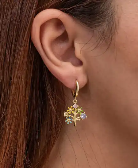 Gümüş Gold Renkli Taşlı Hayat Ağacı Kadın Küpe